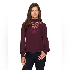 ASTR THE LABEL Women's Claire Embroidered Woven Blouse Wine Color Sz M Long Sl